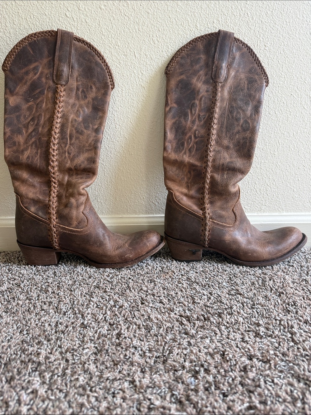 Women's Brown Leather Braided Shaft Western Heeled Boots